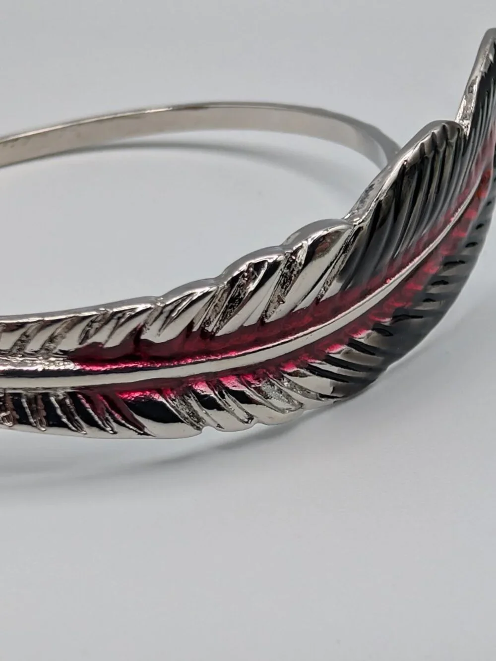 Vintage Silver Red Enamel Crane Feather Cuff Bracelet Boho Goth Bypass Bangle